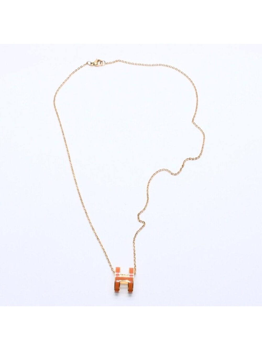 Hermes Pop H Necklace Orange Lacquer Oval Forme Brass Gold Pendant